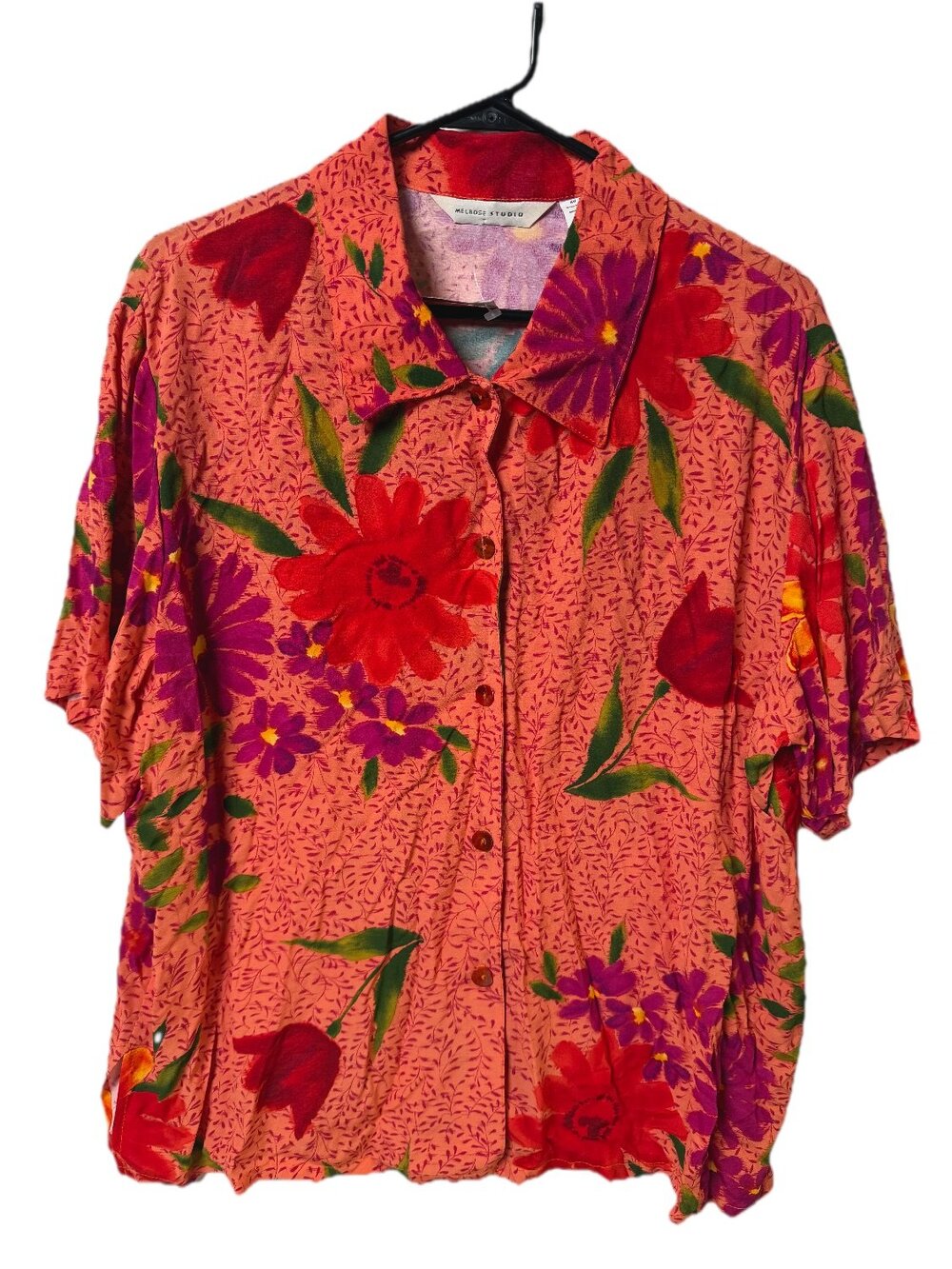 NWT Melrose 90s Studio Blouse Womens Coral Pink Floral Rayon Button Up Size XL